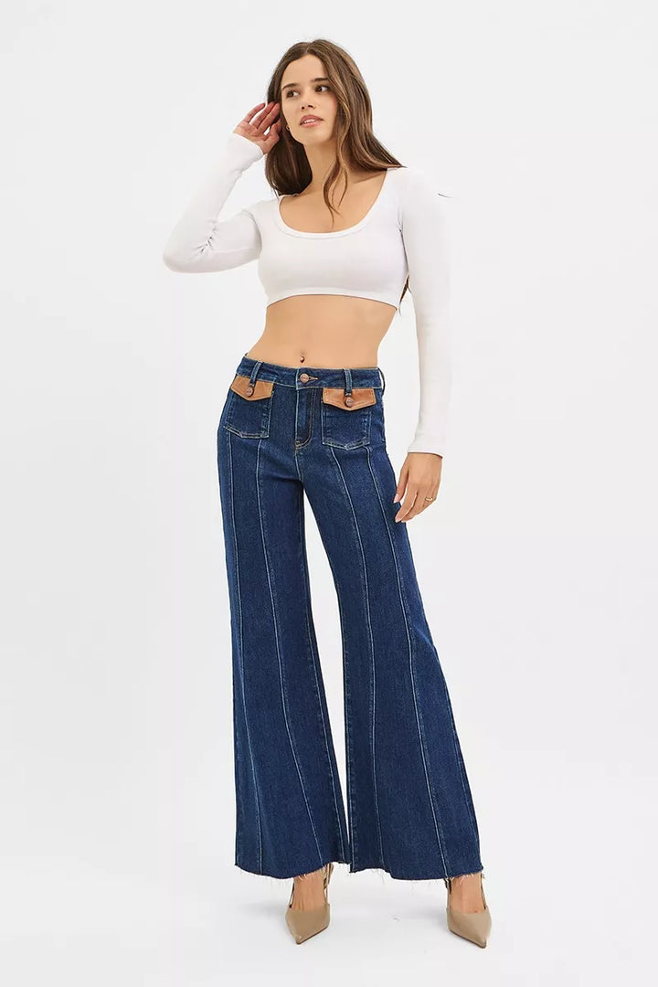 High-rise wide flare jeans with leather pocket flaps