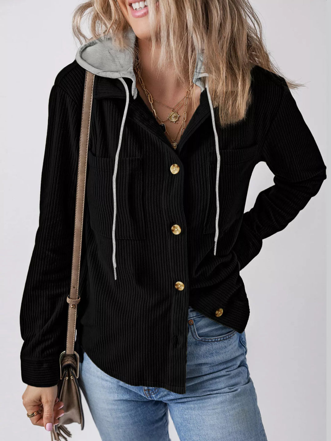 Ribbed corduroy hooded jacket with drawstring and pockets