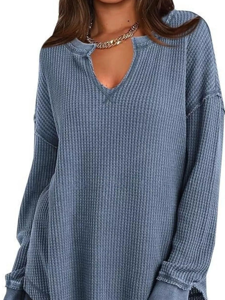 Waffle knit notched neck long sleeve tunic top