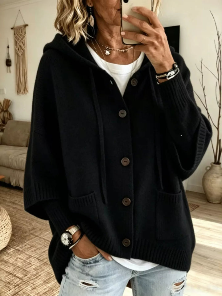 Black Hooded button-down knit cardigan with patch pockets