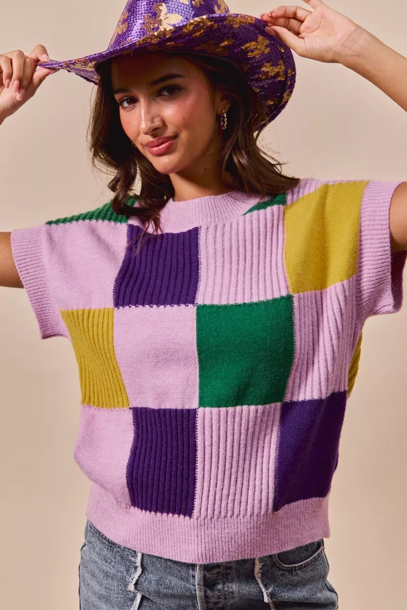 Checkerboard color-block short sleeve sweater top