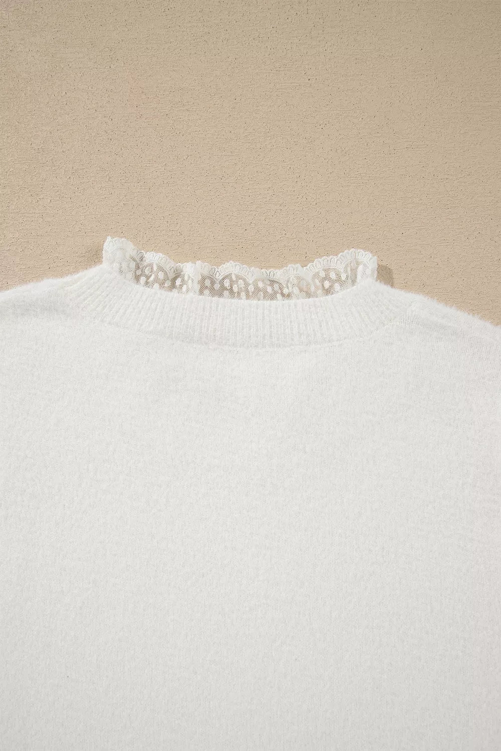 Lace trim fuzzy knit crew neck pullover sweater