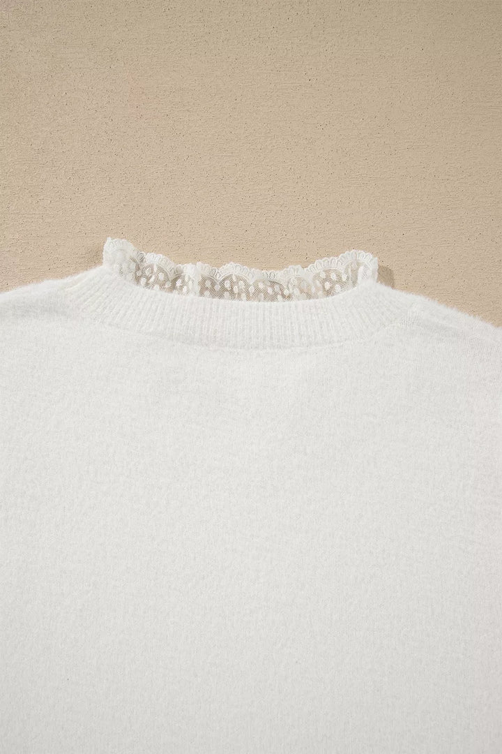 Lace trim fuzzy knit crew neck pullover sweater