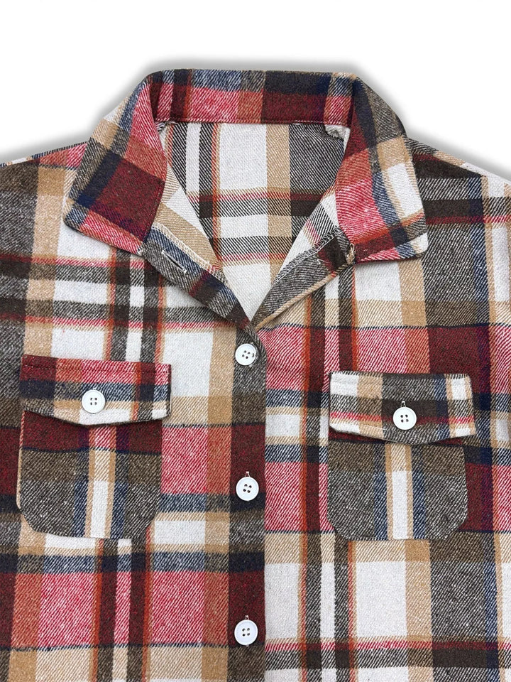Plaid flannel button-down shacket with chest pockets