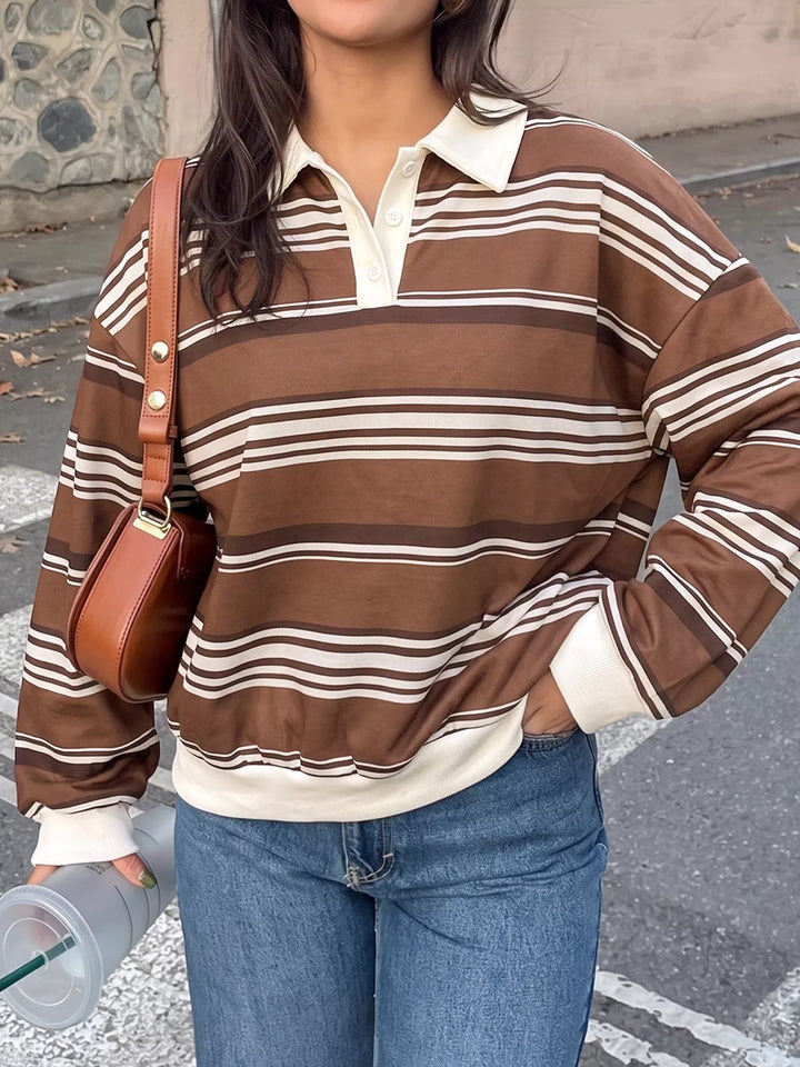 Striped drop shoulder polo sweatshirt with button placket