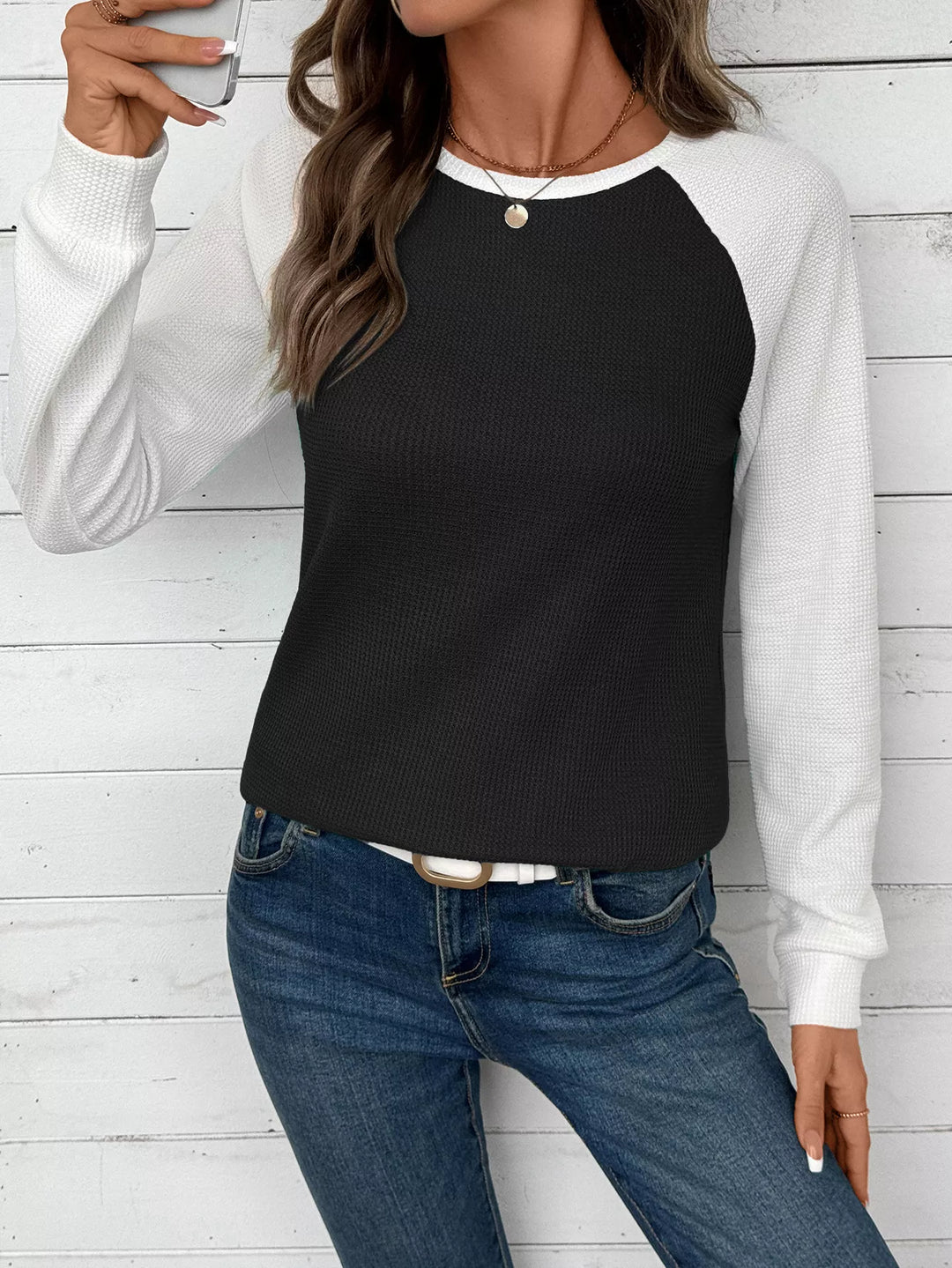 Contrast raglan waffle knit long sleeve top