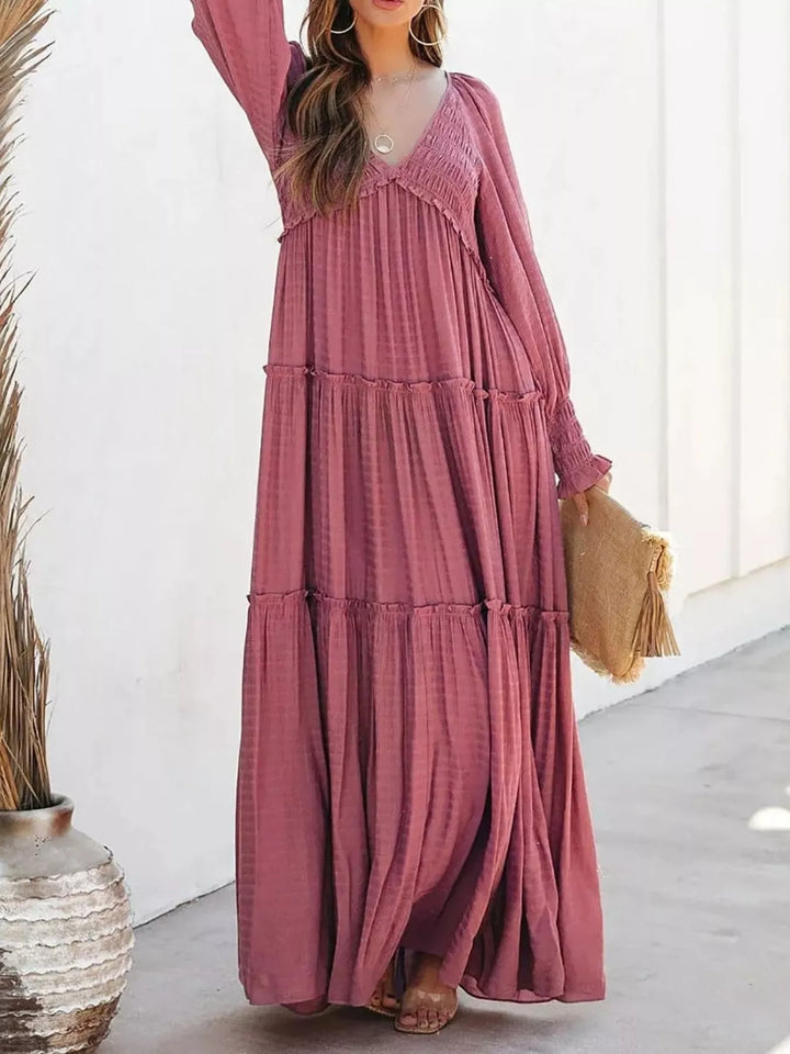 Dark Pink Smocked v-neck tiered maxi dress with long sleeves