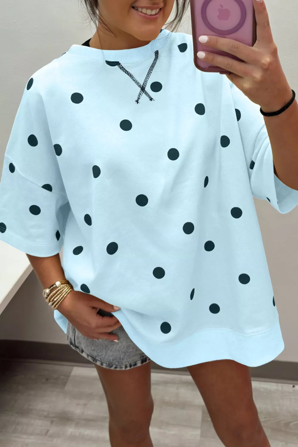 Polka dot oversized drop-shoulder crew neck tee