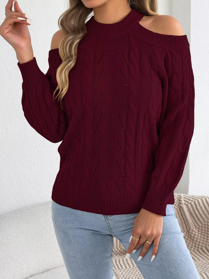 Cold shoulder cable knit mock neck sweater