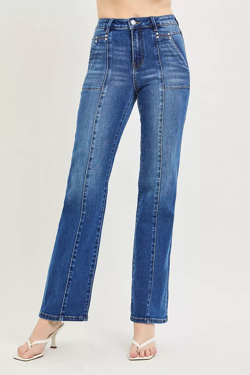 Dark High-rise seamed straight-leg jeans with patch pockets