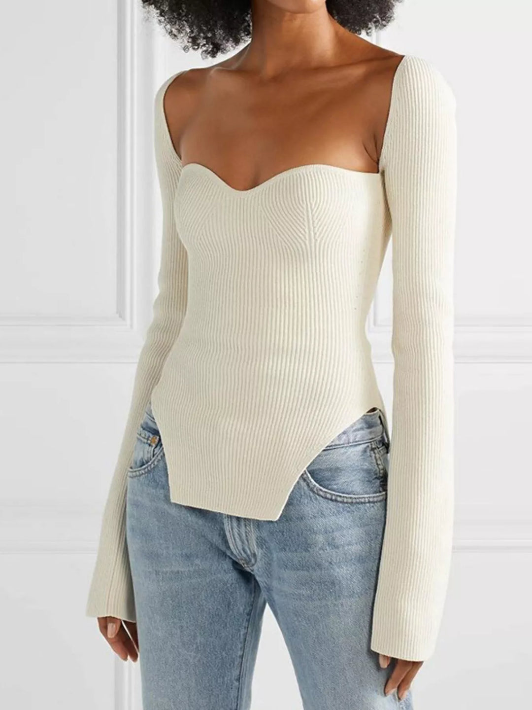 White Ribbed knit sweetheart neckline sweater with slit hem