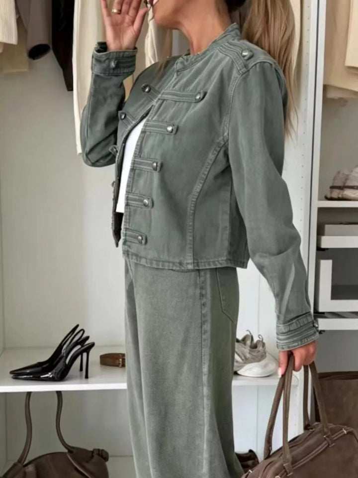 Cropped denim military jacket with dome buttons