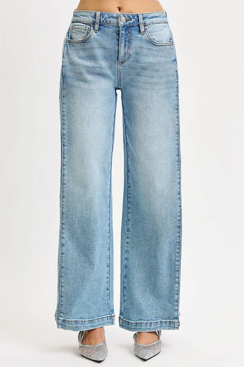 Mid-rise wide barrel jeans with adjustable snap hem