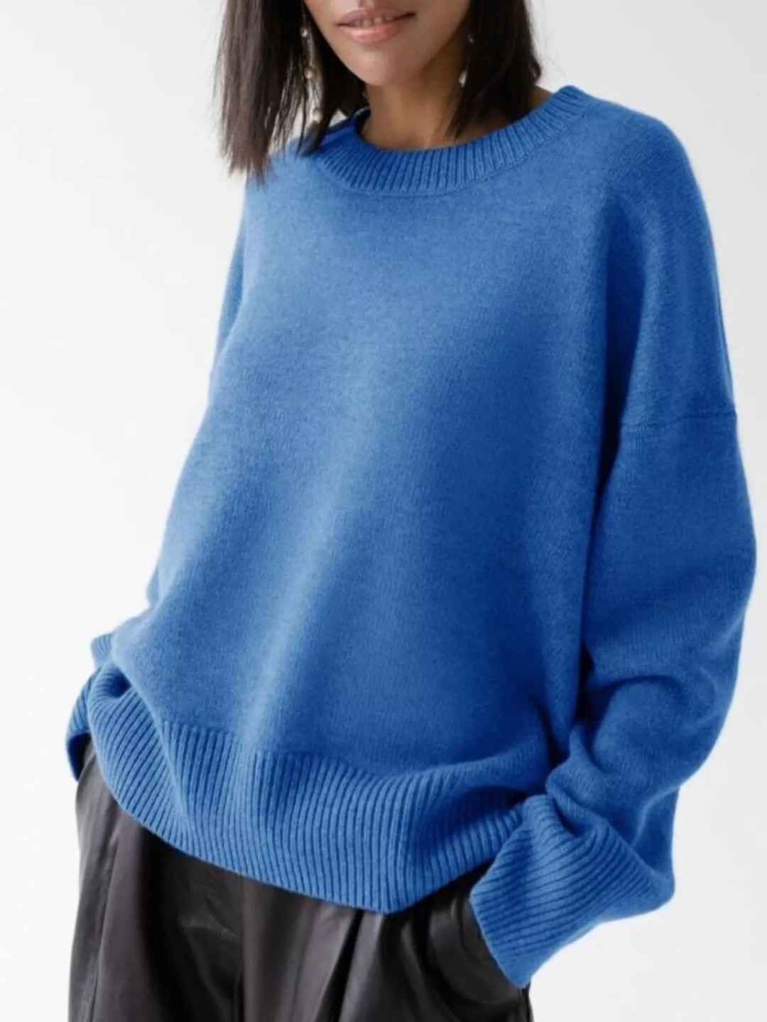 Dusty Blue Oversized ribbed-hem drop-shoulder crewneck sweater