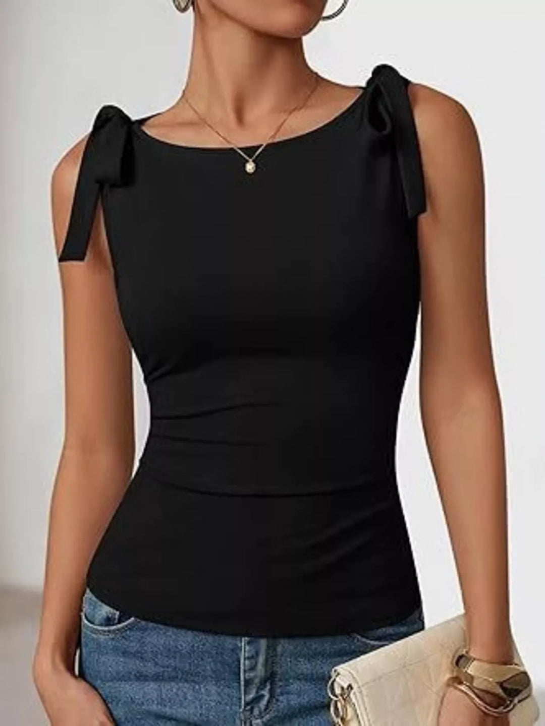 Black Bow tie shoulder fitted scoop neck tank top
