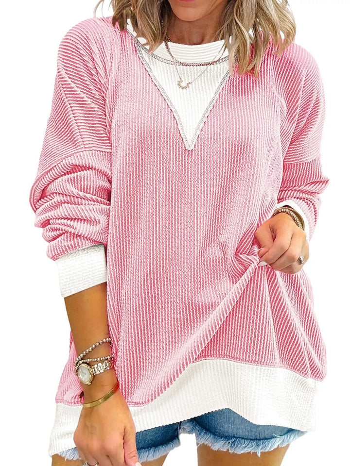 Blush Pink Contrast-trim ribbed dropped-shoulder sweatshirt