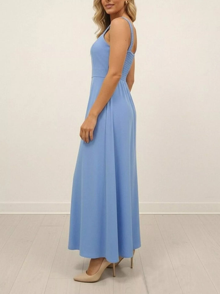 Smocked-strap square-neck maxi dress with front slit