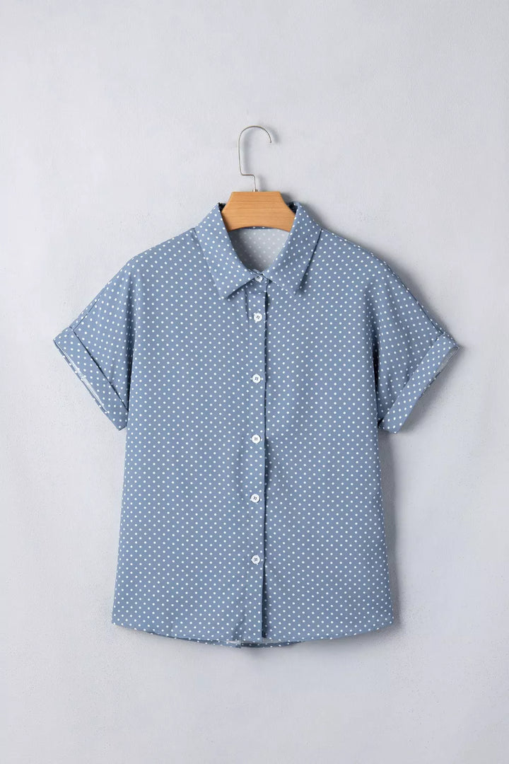 Polka dot button-down shirt with cuffed short sleeves