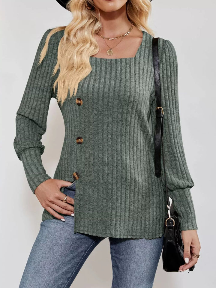 Ribbed knit square-neck top with button trim and side slit