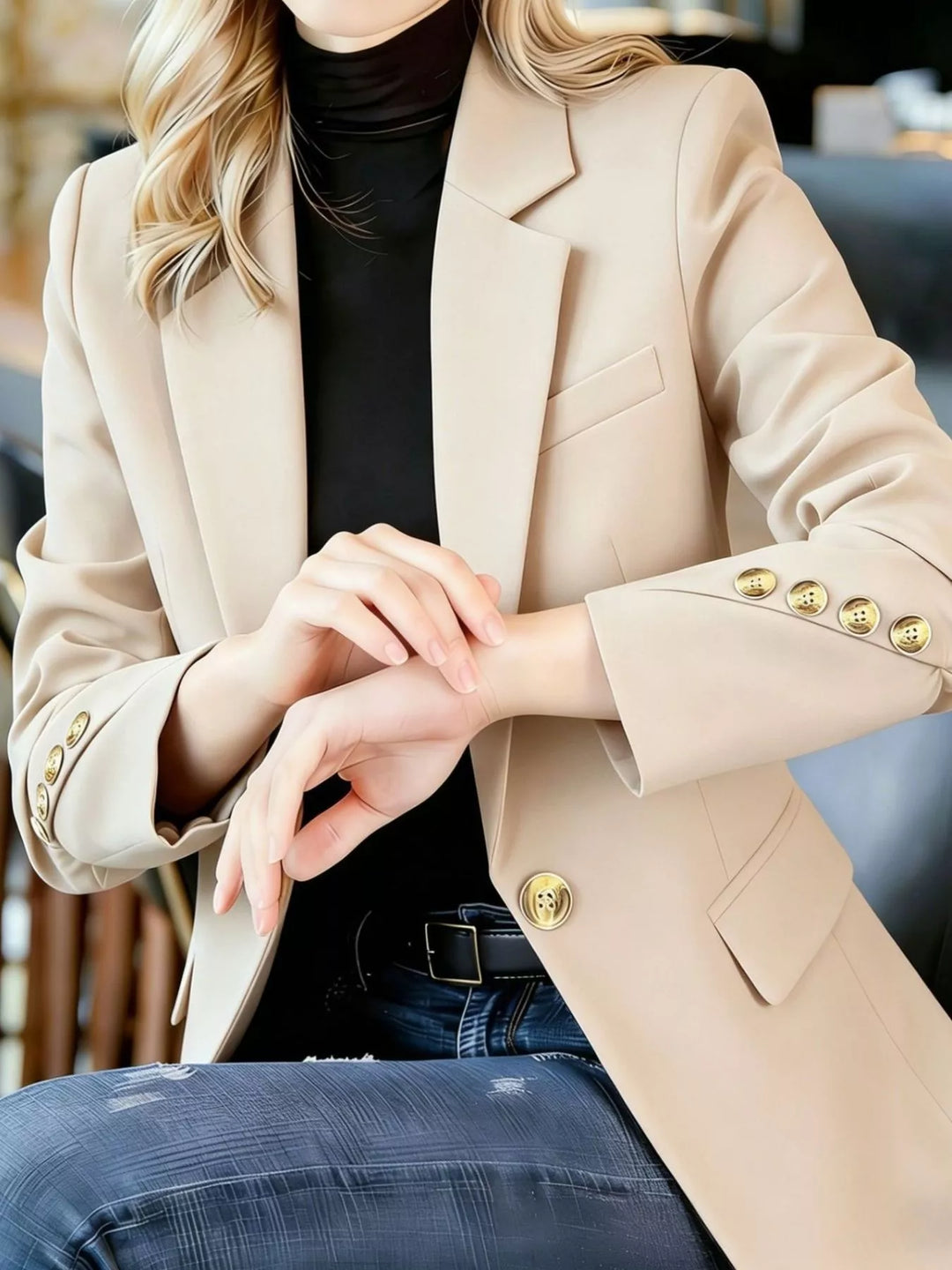Apricot One-button notched lapel blazer with gold buttons