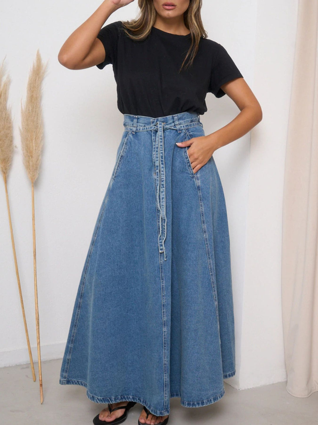 Dusty Blue High-waisted belted A-line maxi denim skirt