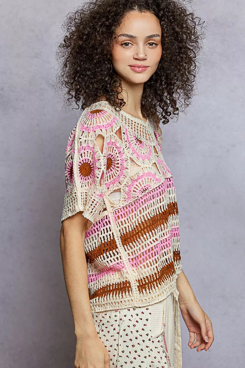 Openwork crochet short sleeve top with striped border