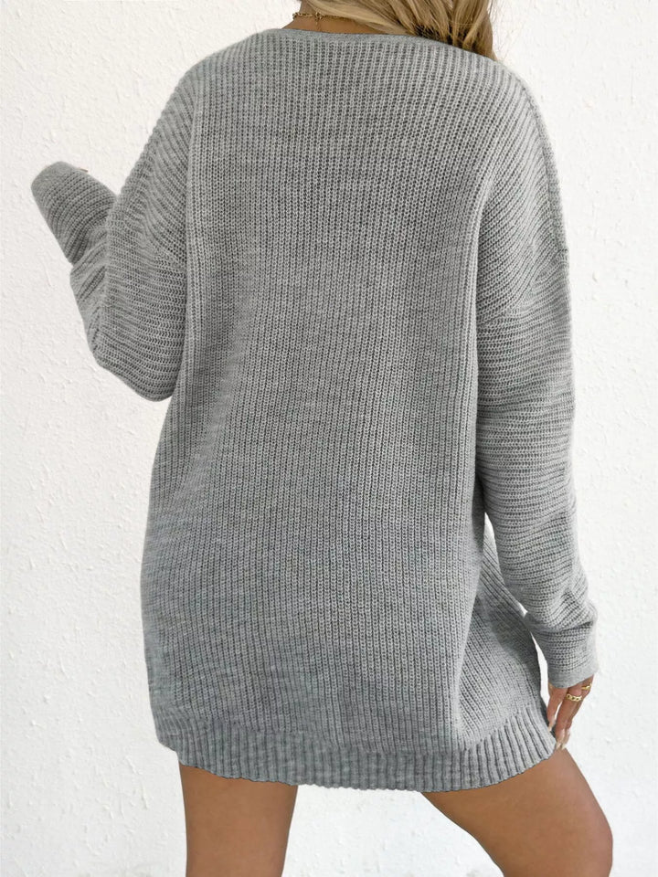 Bow-front ribbed knit mini sweater dress with V-neck