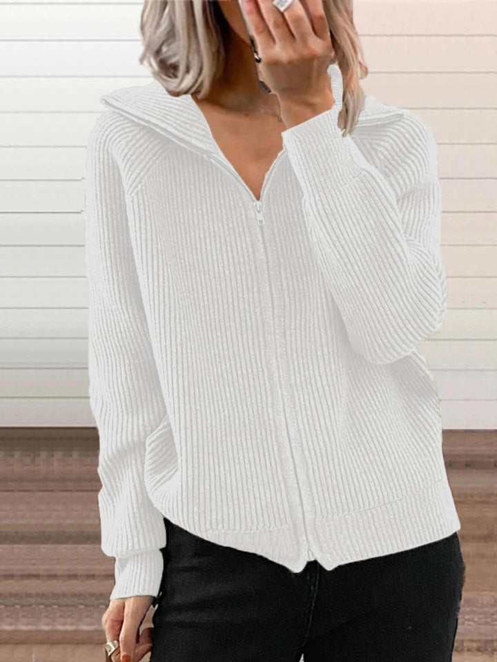 Gray/white Ribbed knit zip-up cardigan with collar and pockets