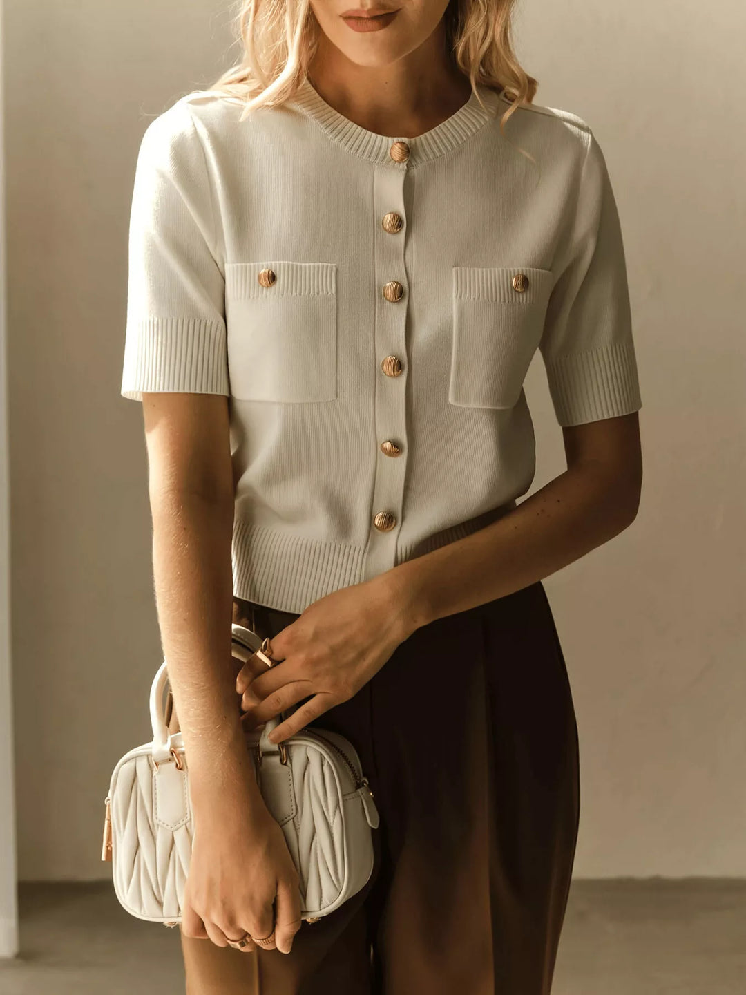 Short sleeve knit button-down cardigan with gold buttons