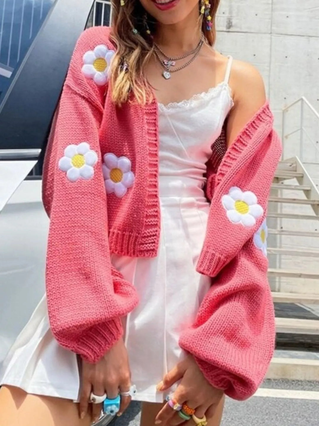 Strawberry Daisy appliqué open front chunky knit cardigan