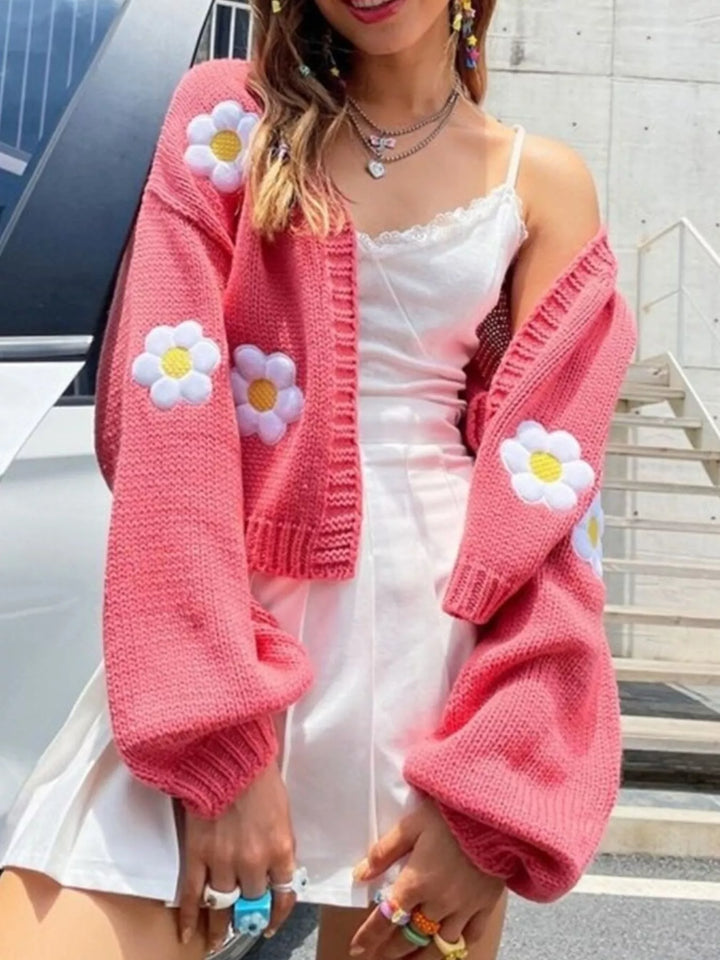 Strawberry Daisy appliqué open front chunky knit cardigan