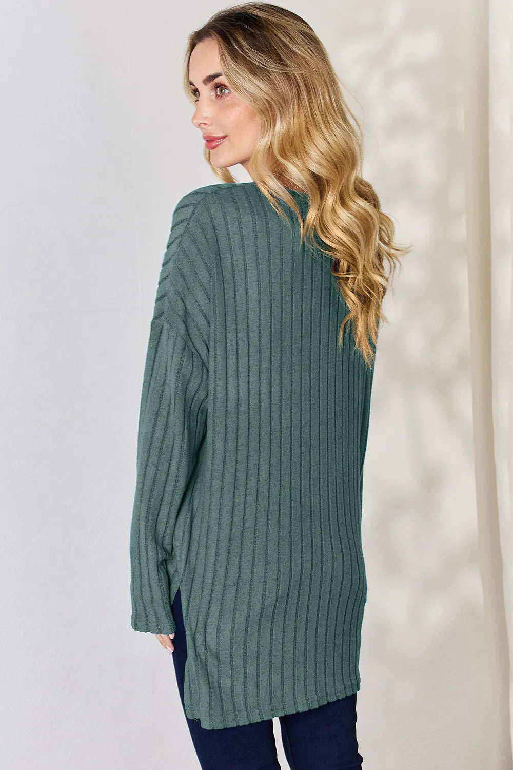 Ribbed knit half-button long sleeve high-low top