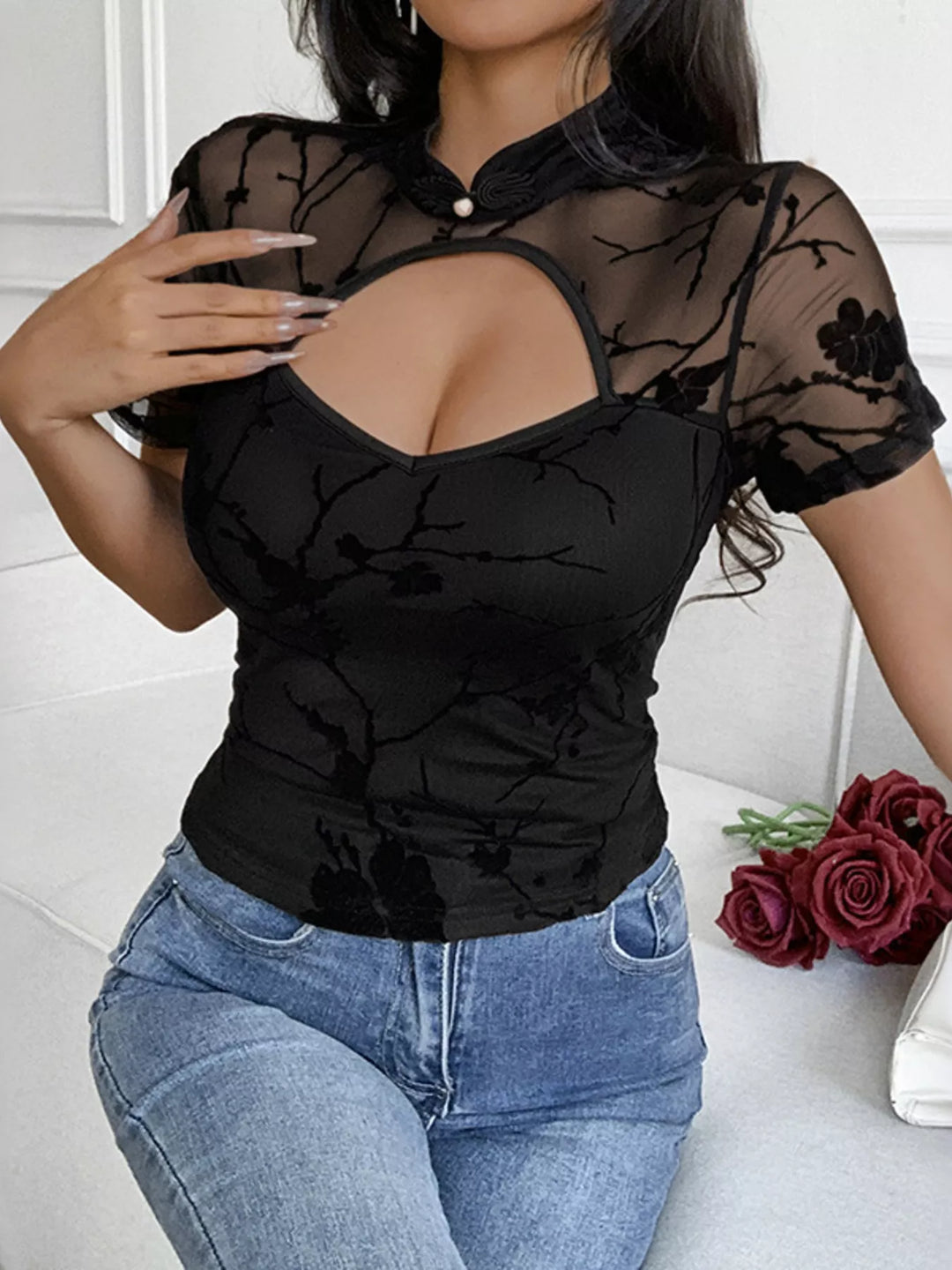 Floral mesh cutout top with mock neck and short sleeves