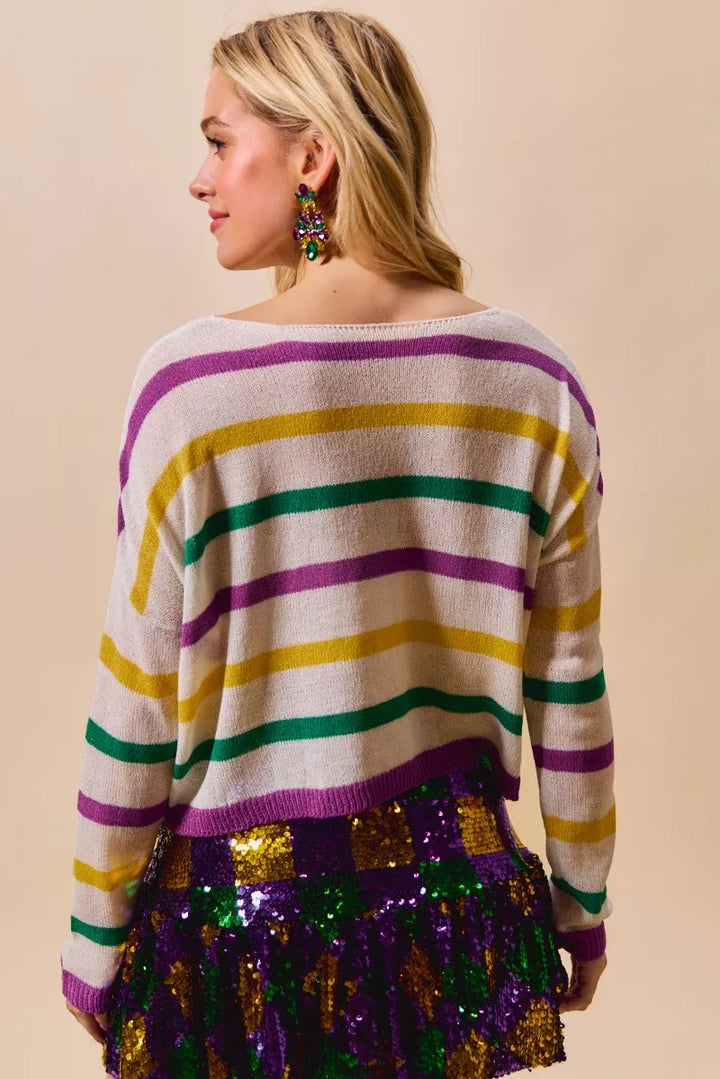 Color stripe lightweight knit sweater with boat neck