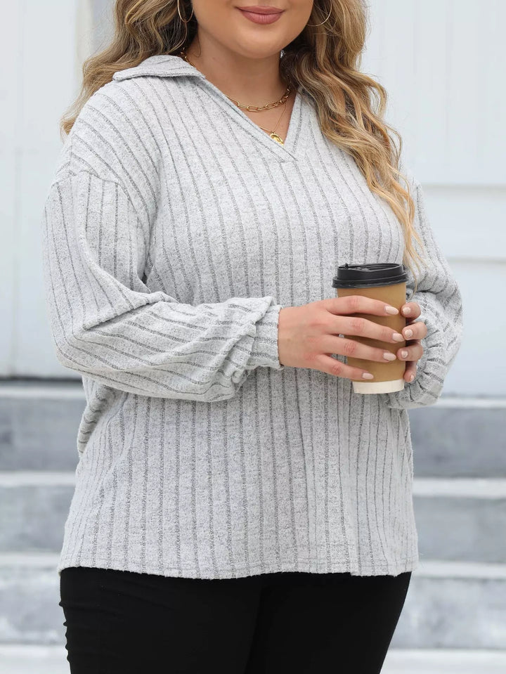 Plus size ribbed knit polo collar long-sleeve top