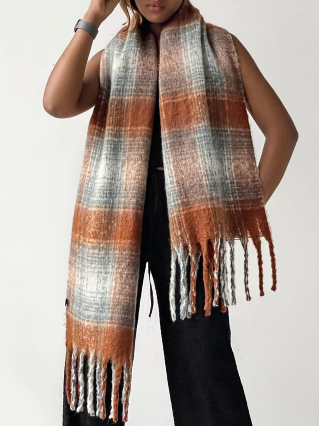 Brushed plaid blanket scarf with twisted fringe