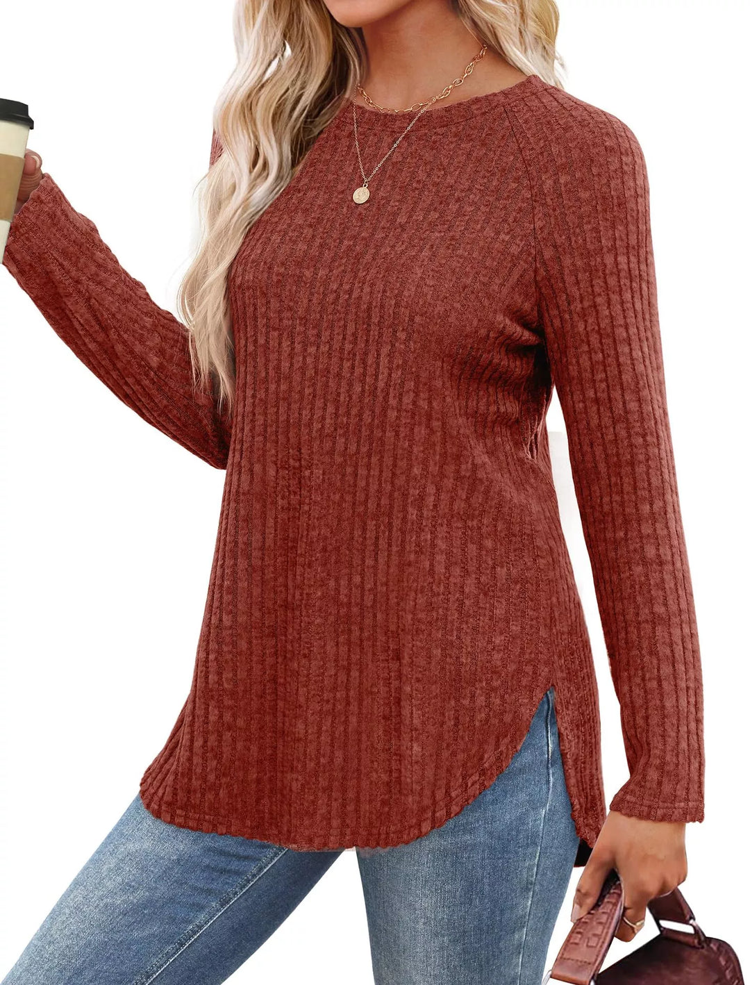 Ribbed knit crew neck long sleeve top with curved hem
