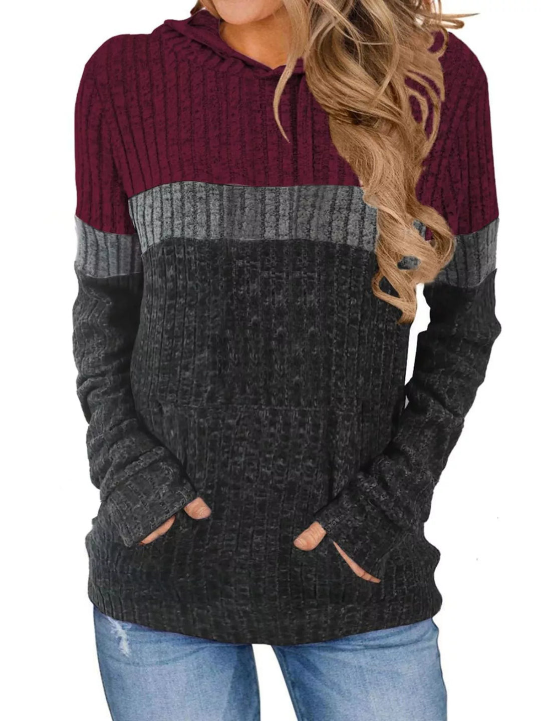 Burgundy Color block ribbed knit hoodie with kangaroo pocket