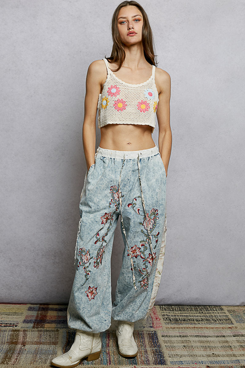 Crochet cropped cami with daisy floral embroidery