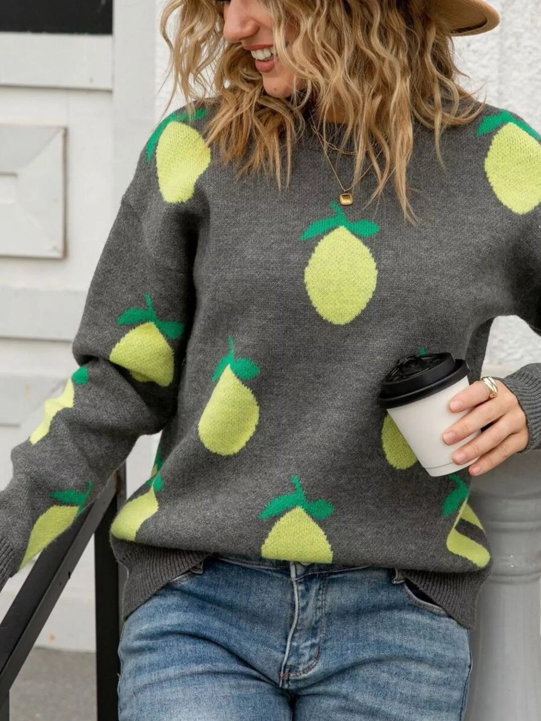 Lemon motif crew neck knit sweater with ribbed trim