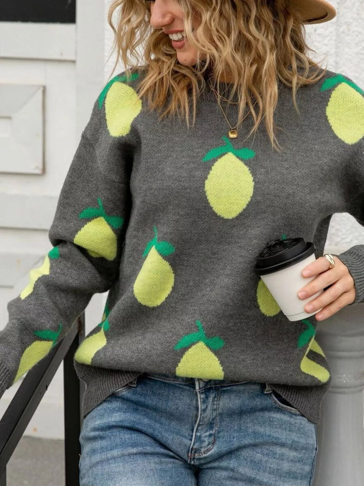 Lemon motif crew neck knit sweater with ribbed trim