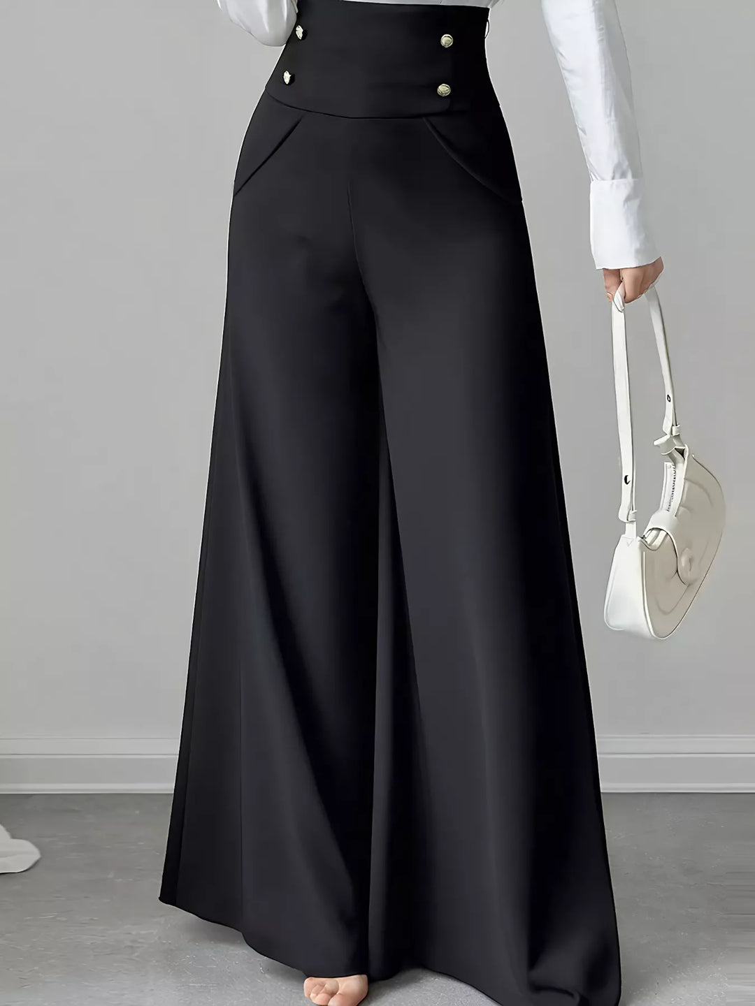 Black High-rise wide-leg pants with button-detail waistband