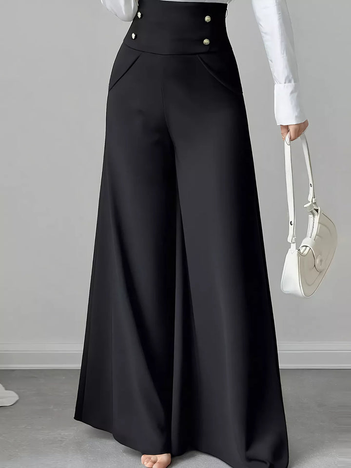 Black High-rise wide-leg pants with button-detail waistband