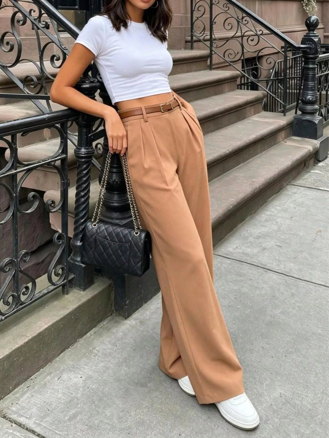 Pleated high-rise wide-leg pants with side pockets