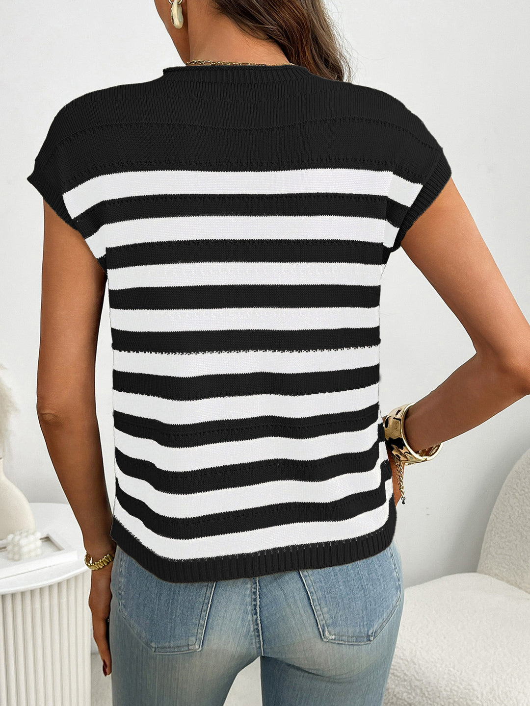 Striped knit cap sleeve top with patch pocket
