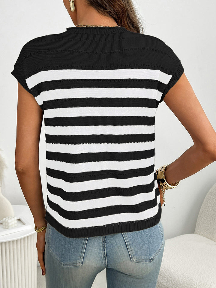 Striped knit cap sleeve top with patch pocket