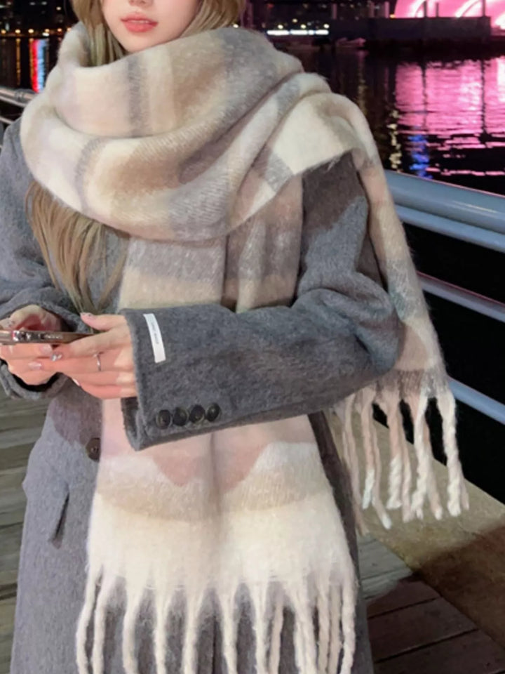 Khaki Striped brushed knit blanket scarf with fringe trim