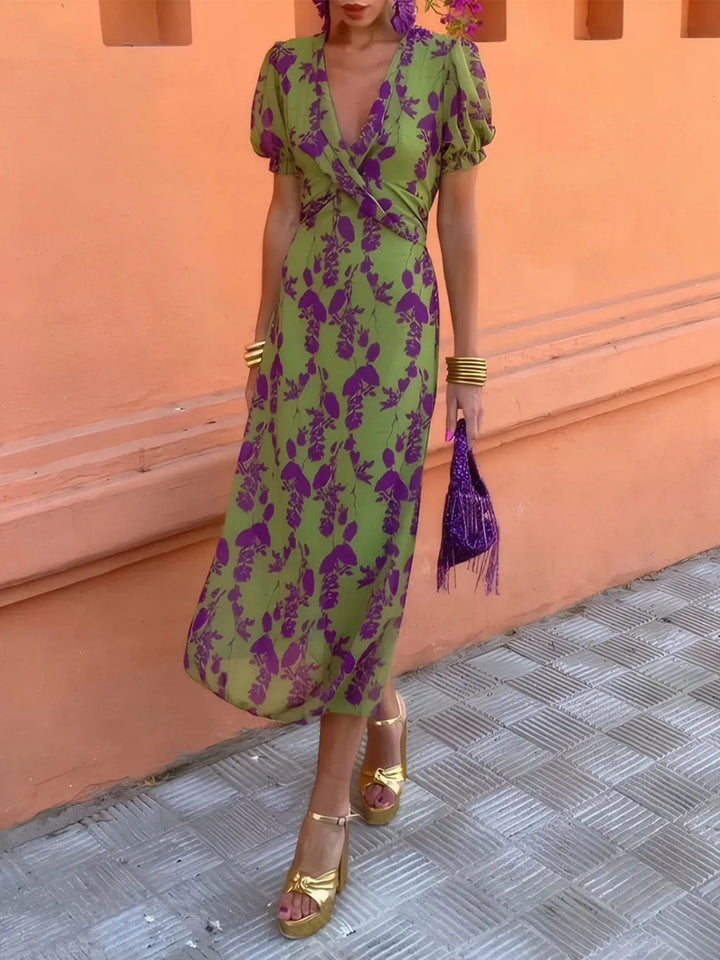 Floral print plunge midi dress with twist front and puff sleeves