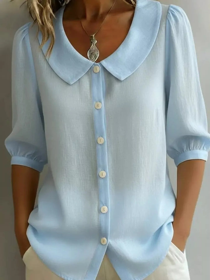 Sky Blue Peter Pan collar button-down blouse with 3/4 sleeves