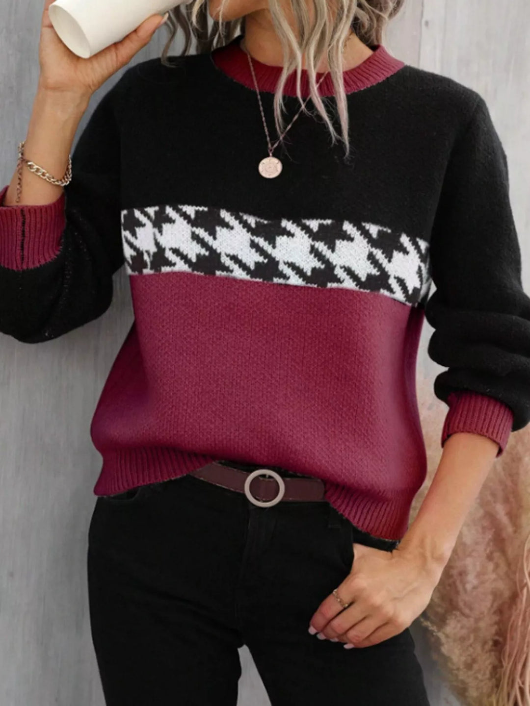 Cerise Color block houndstooth crew neck sweater